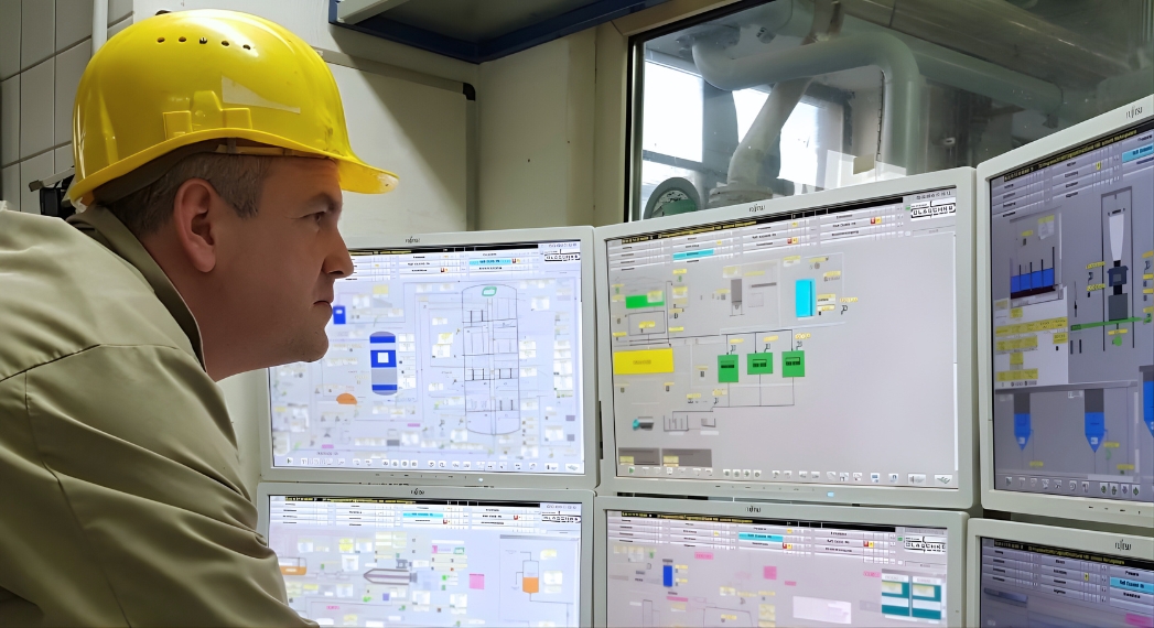 Prozessleittechnik Ingenieur betrachtet Kontrollbildschirme